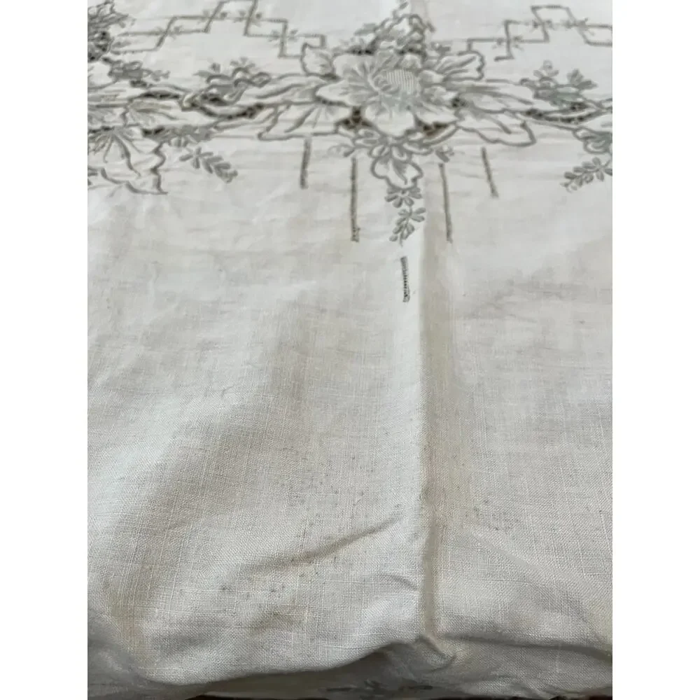 Vintage Hand Embroidery Floral Linen Tablecloth Ivory Rectangular 98